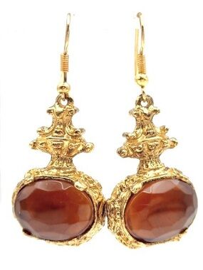 Vintage Style Gold Tone Drop Earrings Amber Glass Resin Ornate